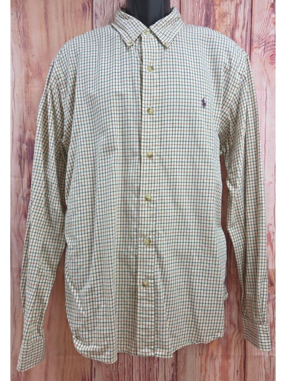 Ralph Lauren Mens XXL Custom Fit Long Sleeve Button-Down Shirt Beige Check Patte